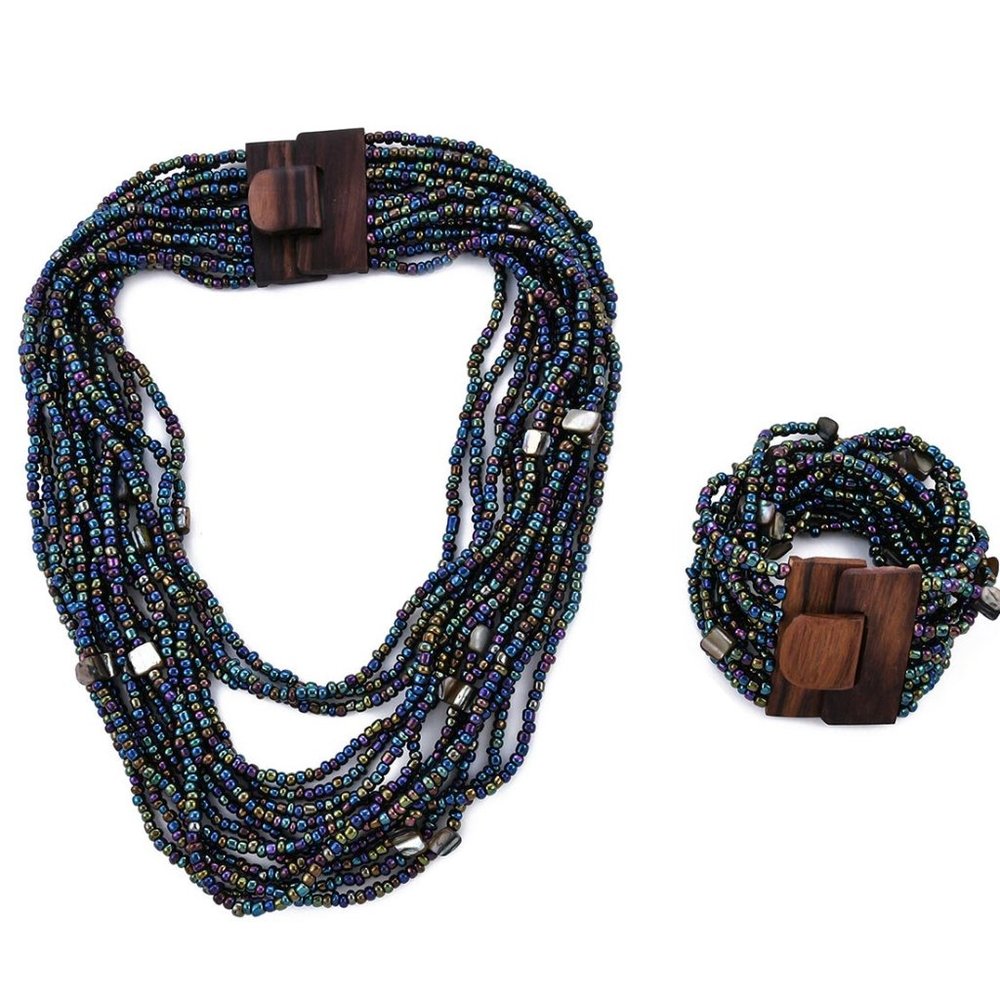 Reduced🌹Bali Peacock Seed Bead Stretch Bracelet & Necklace